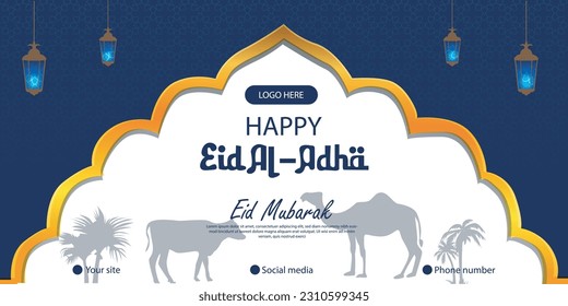 Eid Al Adha Islamic Template the celebration of Muslim flat illustration Style. With Kaaba, lantern, mosque, camel, goat illustration