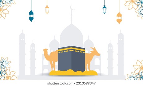 Eid Al Adha Islamic Template the celebration of Muslim flat illustration Style. With Kaaba, lantern, mosque, camel, goat illustration