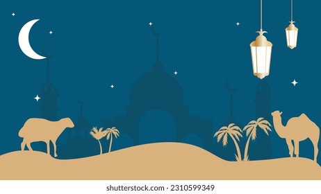 Eid Al Adha Islamic Template the celebration of Muslim flat illustration Style. With Kaaba, lantern, mosque, camel, goat illustration