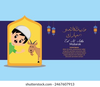 Eid al Adha Kareem Hintergrund mit Illustration des muslimischen Kindes und der Opferziege