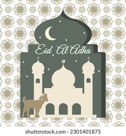 Eid al adha kareem festival. Greet card or poster Islamic event with mosque or masjid and goat silhouette