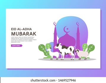 Eid al Adha landing page concept with cow, sheep and goat