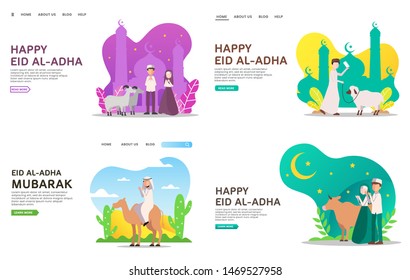 Eid al Adha landing page set concept with goat, sheep, cow, camel and people