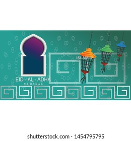 Eid Al Adha lantern design with gray and blue  arabesque decorations