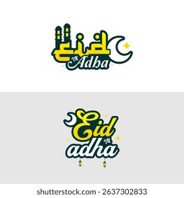 Eid Al Adha Lettering with Moon and Mosque Illustration