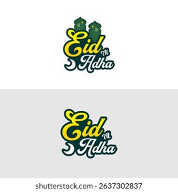 Eid Al Adha Lettering with Mosque and Moon Illustration