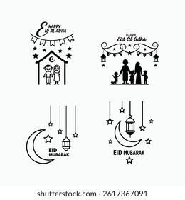 Eid Al Adha Lettering Mubarak Greeting Card – Minimalist Typography with Crescent Moon and Lantern.