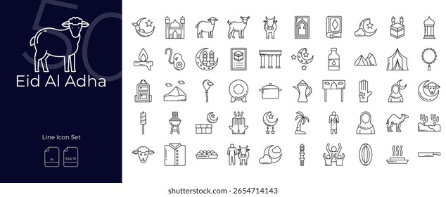 Eid Al Adha Line Editable Icons set. Vector illustration in modern thin line style of Eid Al Adha icons: muslim,sacrifice,sheep, etc