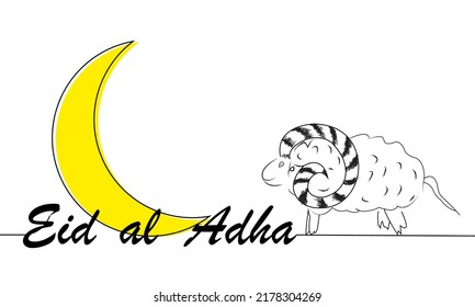Eid al adha linear sheep and moon, vector art illustration.