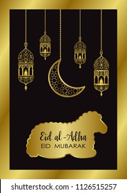 Eid al Adha luxury A4 template, mubarak pattern with arabic golden lantern, gold half moon, town and sheep silhouette. Vector illustration with lettering of greeting cards, covers, prints.