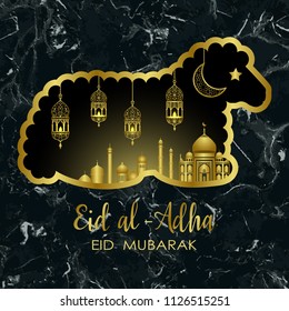 Eid al Adha luxury marble template, mubarak pattern with arabic golden lantern, gold half moon, town and sheep silhouette. Vector illustration with lettering of greeting cards, covers, prints.