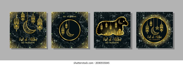 Eid al Adha luxury marble template set, mubarak patterns with arabic golden lantern, gold half moon, town and sheep silhouette. Vector illustration with lettering of greeting cards, covers, prints.