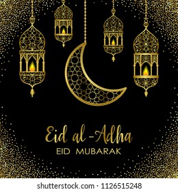 Eid al Adha luxury template, mubarak pattern with arabic golden lantern, gold half moon and glitter. Vector illustration of greeting cards, covers, prints.