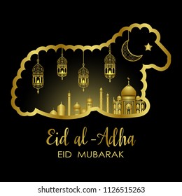 Eid al Adha luxury template, mubarak pattern with arabic golden lantern, gold half moon, town and sheep silhouette. Vector illustration with lettering of greeting cards, covers, prints.