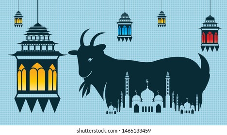 Eid Al Adha modern background, with goat or sheep illustration for eid Mubarak and islamic holidays celebration greeting.  Vector Illustration element.