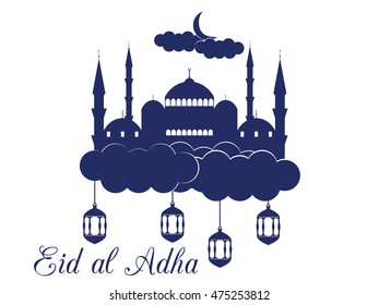 Eid al adha. Mosque in the clouds on white background. Blue mosque, minaret, lantern and moon. Vector illustration.
