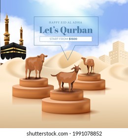 Eid al adha Mubarak or Animal Sacrifice Month or Qurban  Background with Goat, Cow and Camel Illustration. Qurban is Indonesian and Arabian Languange for Animal Sacrfice in Islamic Pilgrimage Month,