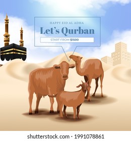 Eid al adha Mubarak or Animal Sacrifice Month or Qurban  Background with Goat, Cow and Camel Illustration. Qurban is Indonesian and Arabian Languange for Animal Sacrfice in Islamic Pilgrimage Month,