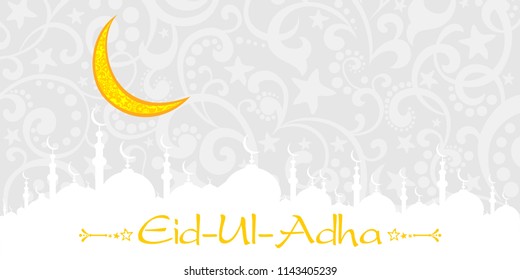 Eid Al Adha mubarak. Arabic islamic calligraphy of text Eid-Ul-Adha in moon shape on floral design decorated background. Vector Illustration