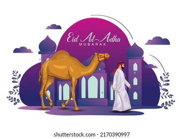 eid al adha mubarak Arabic man with a camel. vector illuustration design