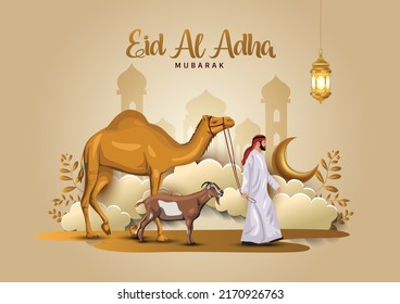 eid al adha mubarak arabischer Mann mit einem Kamel und Ziege. kreatives Vektorgrafik-Design