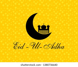 Eid Al Adha mubarak background design with crescent moon and mosque