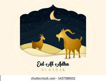 Eid Al Adha Mubarak background design with goats and paper cut style sky. Bakrid celebration card.