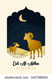 Eid Al Adha Mubarak background design with sheep  goat and paper cut style sky. Bakrid celebration card.