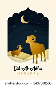 Eid Al Adha Mubarak background design with sheeps and paper cut style sky. Bakrid celebration card.