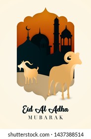 Eid Al Adha Mubarak background design with sheep goat and paper cut style mosque. Bakrid celebration card.