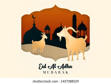 Eid Al Adha Mubarak background design with goats and paper cut style mosque. Bakrid celebration card.