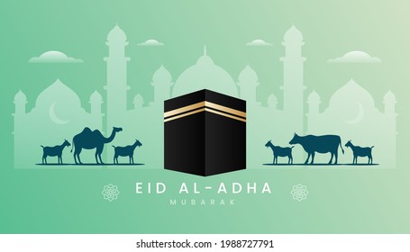 Eid al adha mubarak background, banner, greeting design with gradient green color theme and Kaaba Illustration. Silhouette mosque lamb, goat and camel.