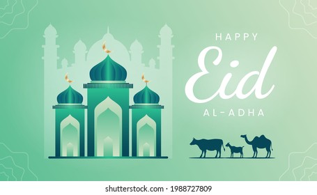 Eid al adha mubarak background, banner, greeting design with gradient green color theme and Mosque Illustration. Silhouette lamb, goat and camel.