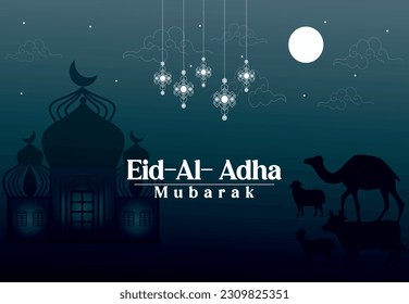 
Eid al adha Mubarak background design with crescent moon, lamp and mosque premium vector  Kurban Bayram and Uraza Bayram