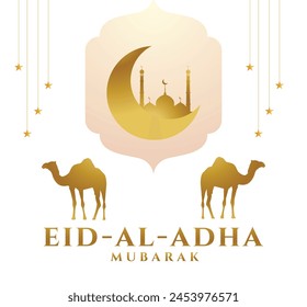  Eid al adha mubarak fondo, Anuncio, diseño de saludo con degradado tema de color dorado. Silueta mezquita cordero y camello.