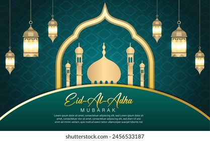 Eid Al Adha Mubarak background vector design, with lantern golden gradient