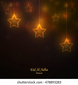 Eid AL Adha Mubarak background with hanging shiny bright stars. eid-ul-adha. Eid mubarak arabic design  for greeting card, banner, invitation, flyer.  Vector illustration