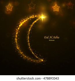 Eid AL Adha Mubarak background with shiny stars and  bright golden moon. holiday  design for greeting card, banner, invitation, flyer. Vector illustration