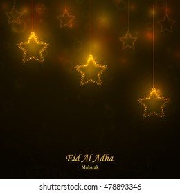 Eid AL Adha Mubarak background with shiny stars. Eid al Adha Mubarak muslim religious holiday  design for greeting card, banner, invitation, flyer.  Vector illustration