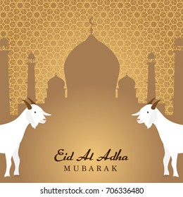 Eid Al Adha Mubarak background Vector illustration, Goats and Beautiful mosque on Arabic pattern background.