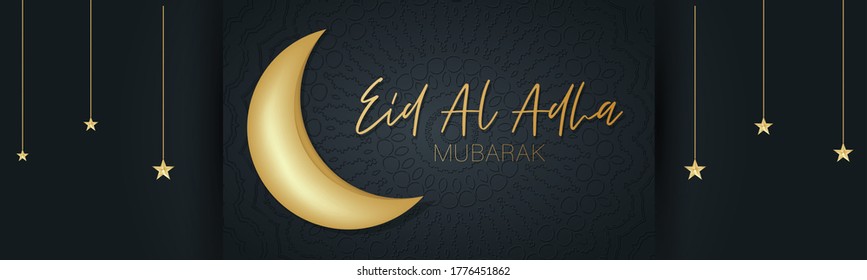 Eid Al Adha Mubarak banner or header. Muslim holiday of sacrifice. Islam religious celebration. Arabic design concept. Golden moon and stars, calligraphy lettering on black background with ornament.