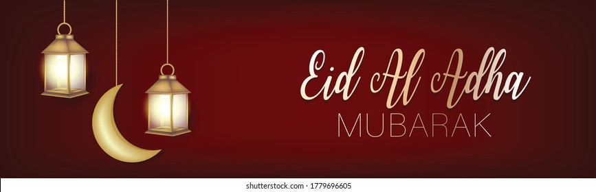 Eid Al Adha Mubarak banner or header. Muslim holiday of sacrifice. Islam religious celebration. Arabic design concept. Golden lanterns and stars, calligraphy lettering. Vector illustration.