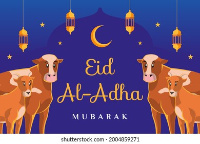 eid al adha mubarak banner with goat and cow