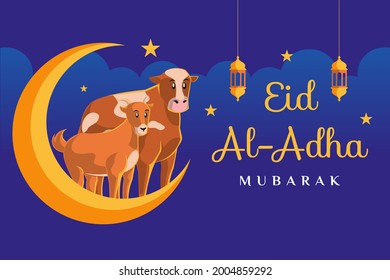 eid al adha mubarak banner with goat and cow