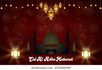 eid al adha mubarak banner illustration with islamic ornament and abstract gradient dark red background design