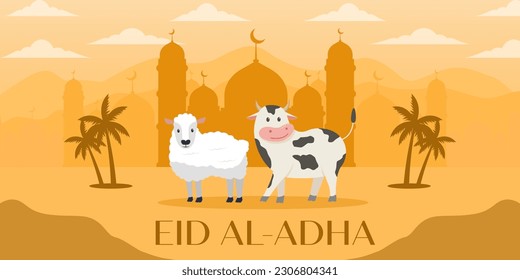 eid al adha mubarak banner illustration with sheep and cow on silhouette mosque background