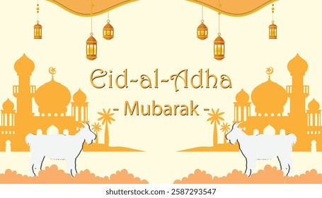 Eid Al Adha Mubarak Banner. Celebration card with sheep in paper art blue background. Use for banner, poster, flyer, brochure sale template.