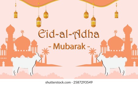 Eid Al Adha Mubarak Banner. Celebration card with sheep in paper art blue background. Use for banner, poster, flyer, brochure sale template.