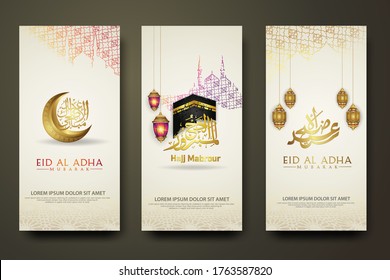 Eid Al Adha Mubarak calligraphy islamic, set banner template with hand draw kaaba, crescent moon, lantern and Islamic ornamental colorful detail of mosaic on texture background. Vector illustration.