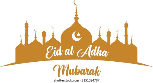 Eid al adha mubarak caption isolated on mosque icon situated on white background vector image.